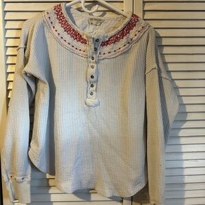 We The Free Cream Henley with Red Embroidery